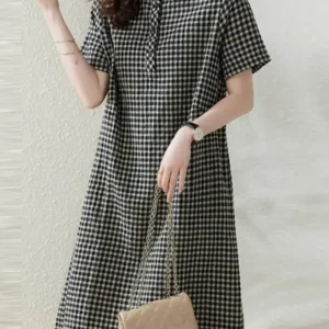 ZANZEA femmes Plaid longue chemise Robe 2024 été à manches courtes Robe Midi mode bureau revers cou Robe décontracté ample dame Robe
