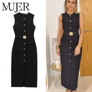 MUJER 2025 femmes robes noir bureau longues robes pour femmes printemps sans manches robe Midi femme ceinture bouton femmes robe gilet