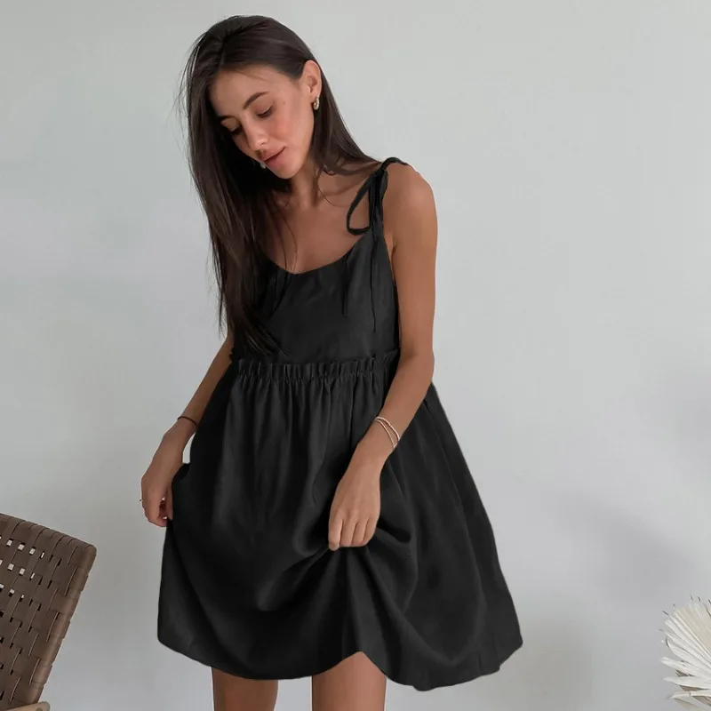 Robe à bretelles en coton et lin pour femmes, style de plage, fausse robe décontractée, bord à volants doux, robe à bretelles A-Line, printemps et été – Image 3