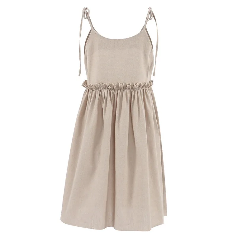 Robe à bretelles en coton et lin pour femmes, style de plage, fausse robe décontractée, bord à volants doux, robe à bretelles A-Line, printemps et été – Image 5