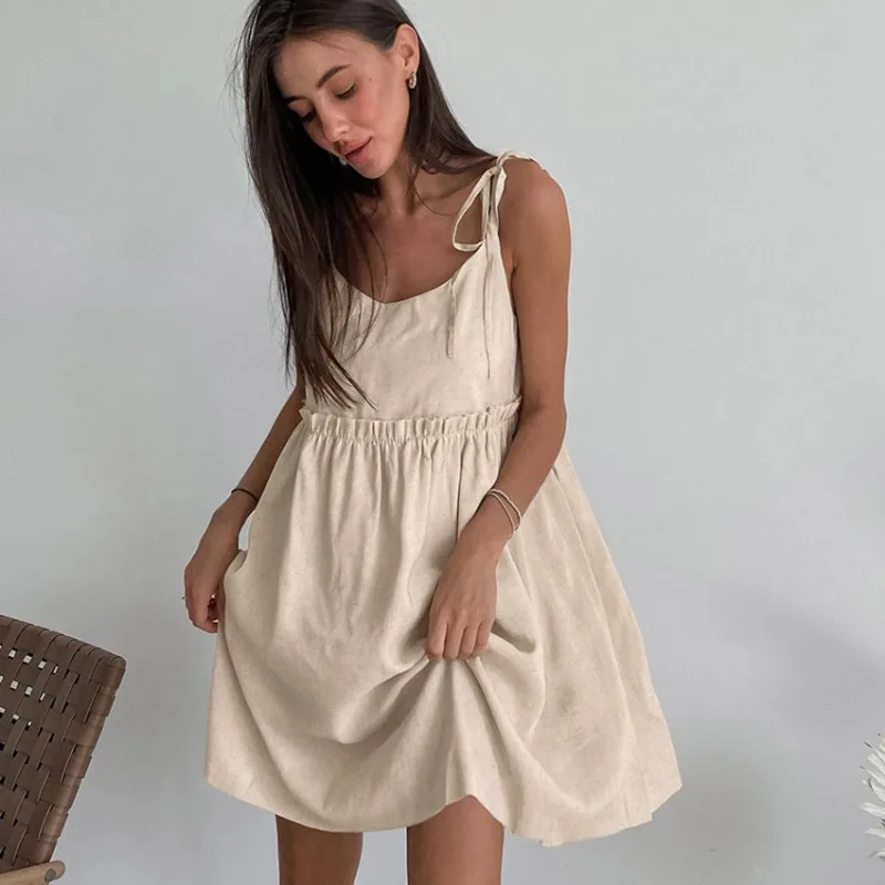 Robe à bretelles en coton et lin pour femmes, style de plage, fausse robe décontractée, bord à volants doux, robe à bretelles A-Line, printemps et été – Image 4