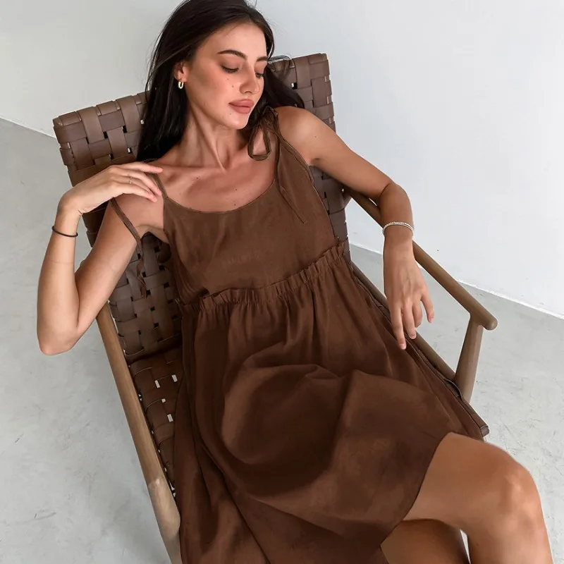 Robe à bretelles en coton et lin pour femmes, style de plage, fausse robe décontractée, bord à volants doux, robe à bretelles A-Line, printemps et été – Image 2